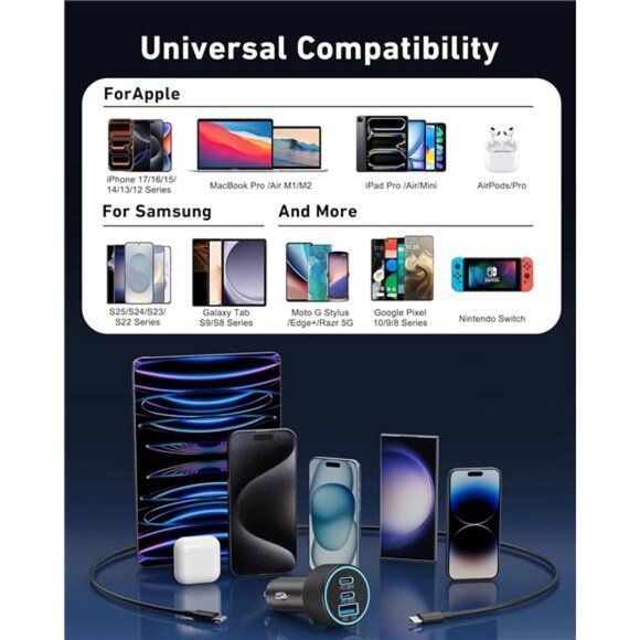 USB C Car Charger, 3-Port 67W Dual USB-C & USB-A Car Power Adapter PD/QC Fast - Picture 7 of 8